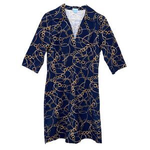 J. Mclaughlin Chain Print V Neck Half Sleeve Dress - Navy/Gold 4